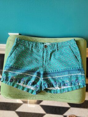 EUC! | Old Navy Linen-Blend Mid-Rise Shorts | Teal Green w/ Navy,White | Size 10